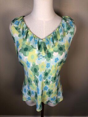 Talbots 100% Pure Silk Floral Ruffle V-Neck Sleeveless Blouse Blue Green Size 8P